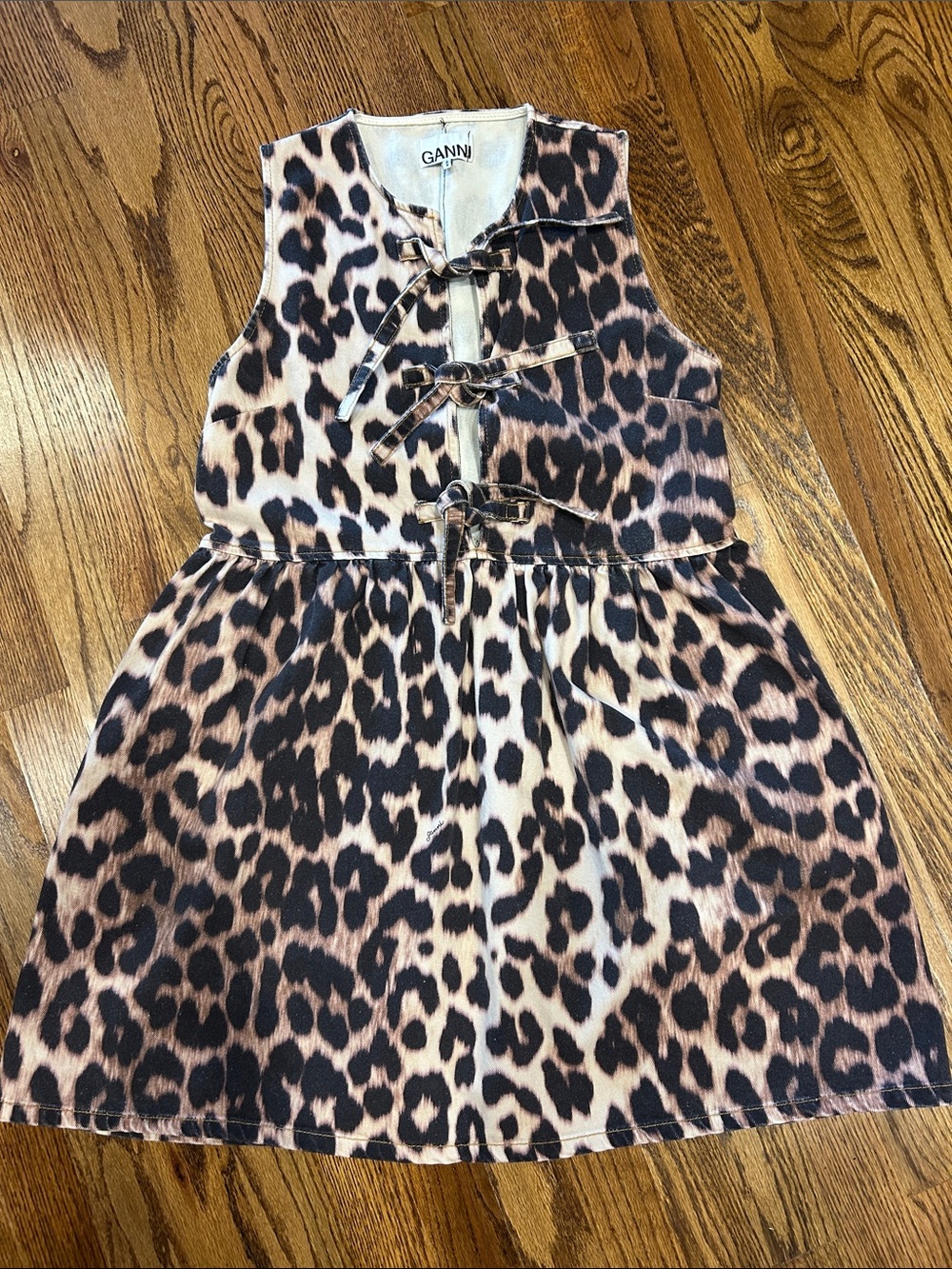 Ganni Leopard Print Sleeveless Dress in Brown and Black Cheetah tie to